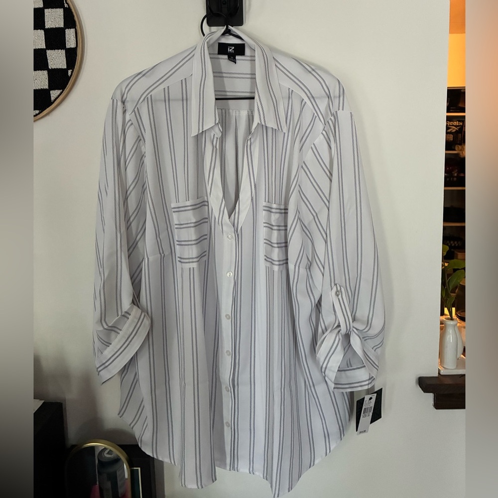 NWT White and Black Striped Plaid Button-Up Shirt 3X IZ Byer